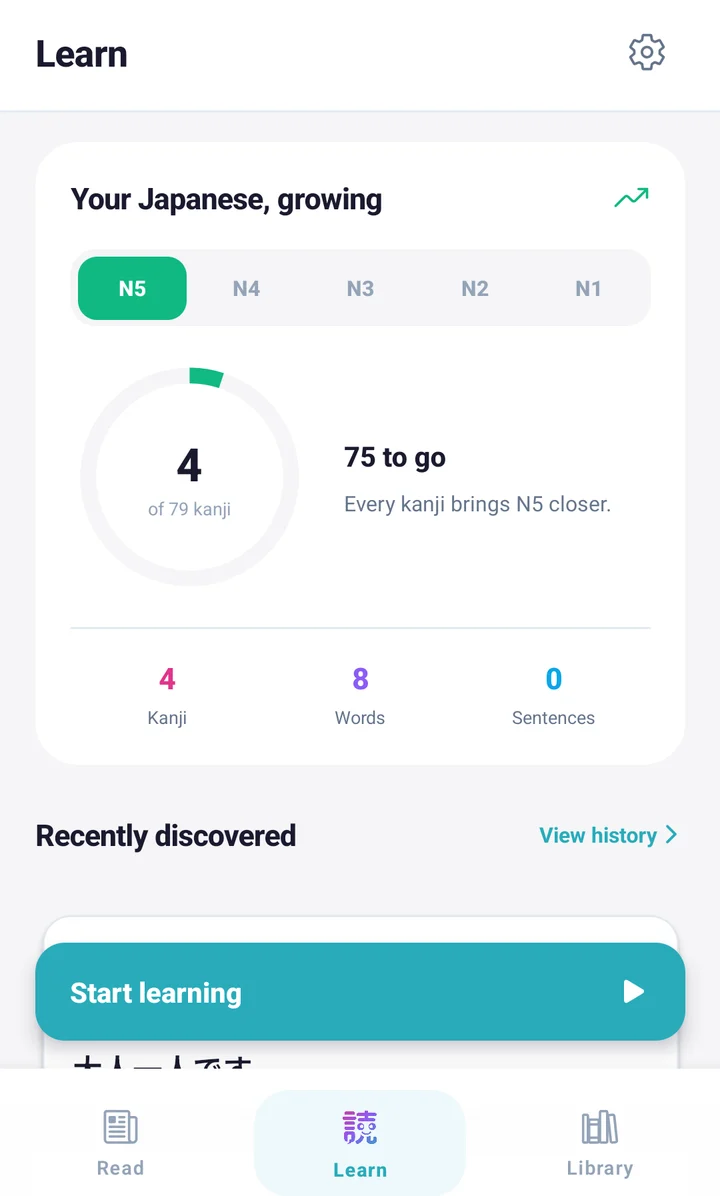 Learn dashboard with N5 progress, kanji, word and sentence counts, and a Start learning button.